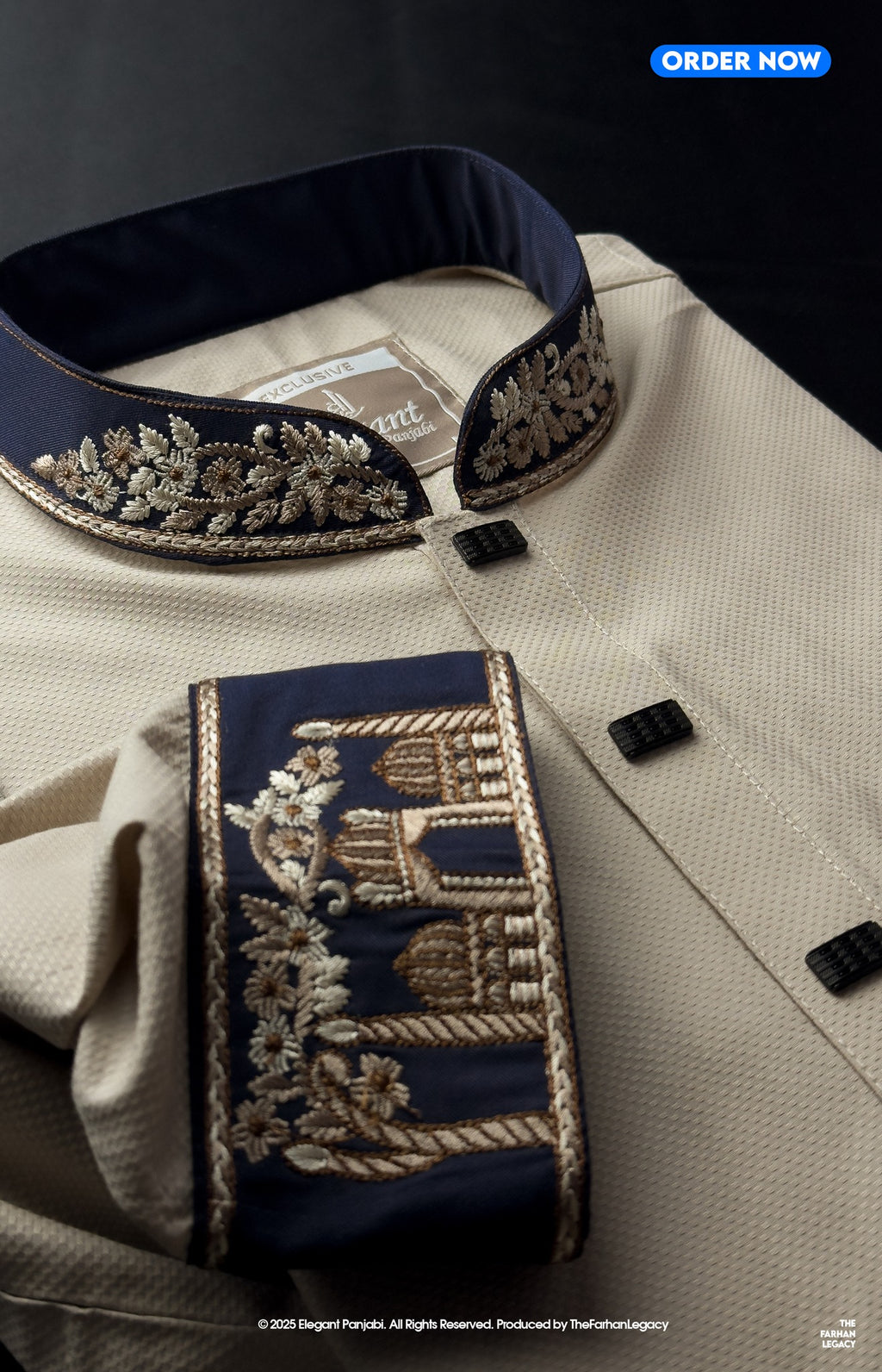 Unravel Shahi Off-White Punjabi - Royal Blue Sleeve