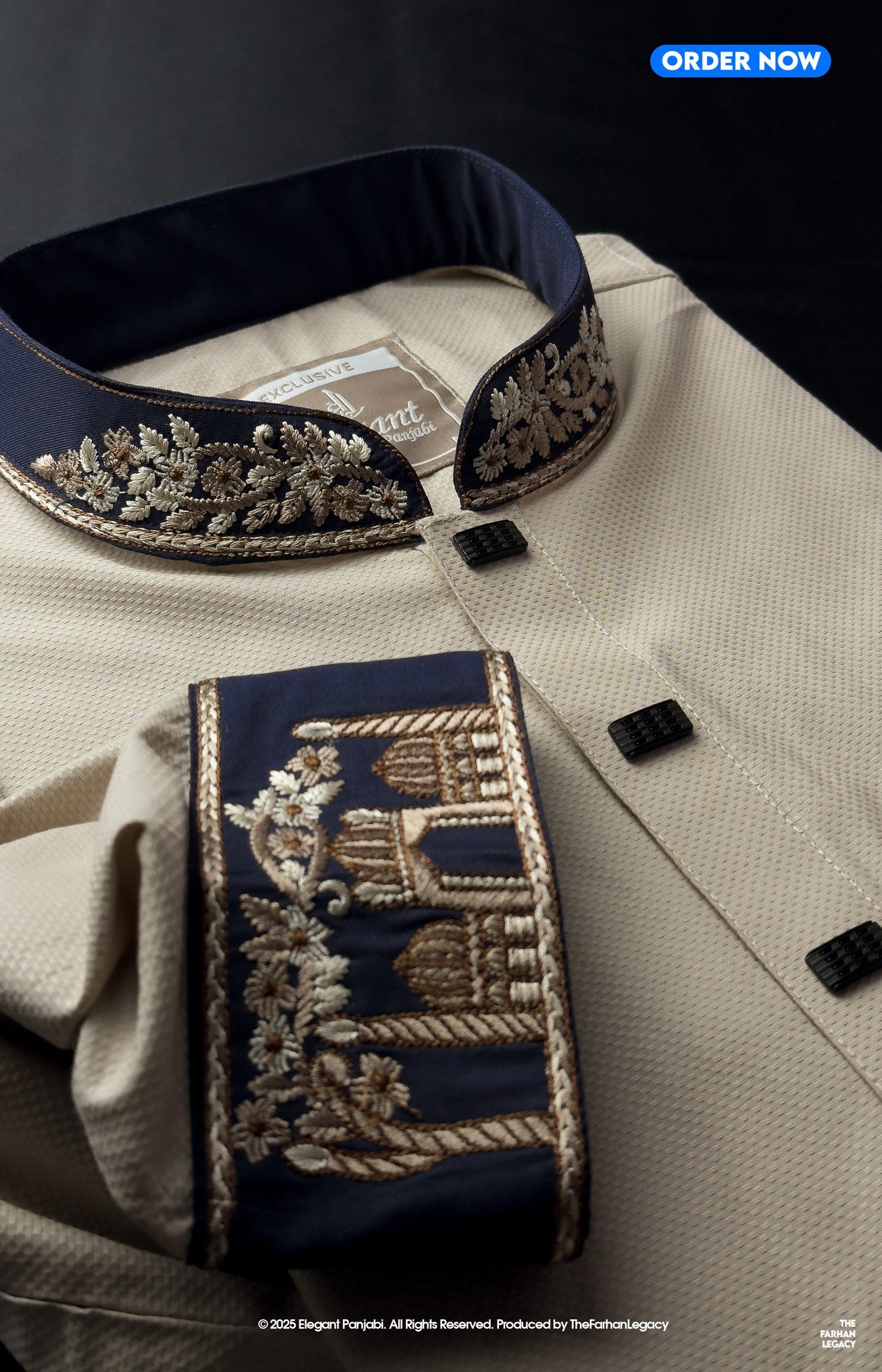 Unravel Shahi Off-White Punjabi - Royal Blue Sleeve