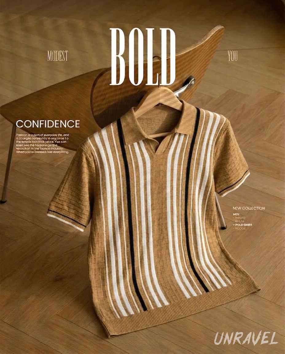 Unravel Stripped Vintage Knit Polo - Biscuit Brown