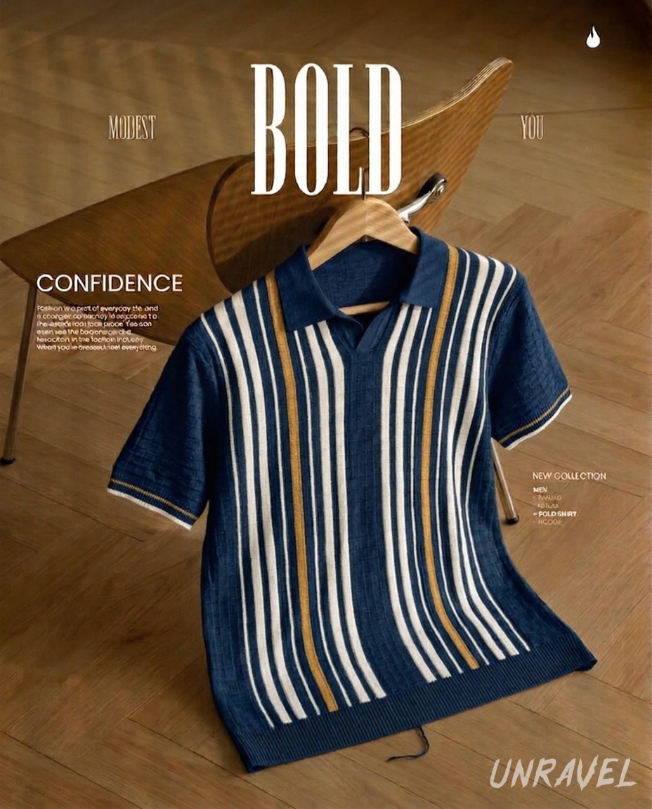 Unravel Stripped Vintage Knit Polo - Navy