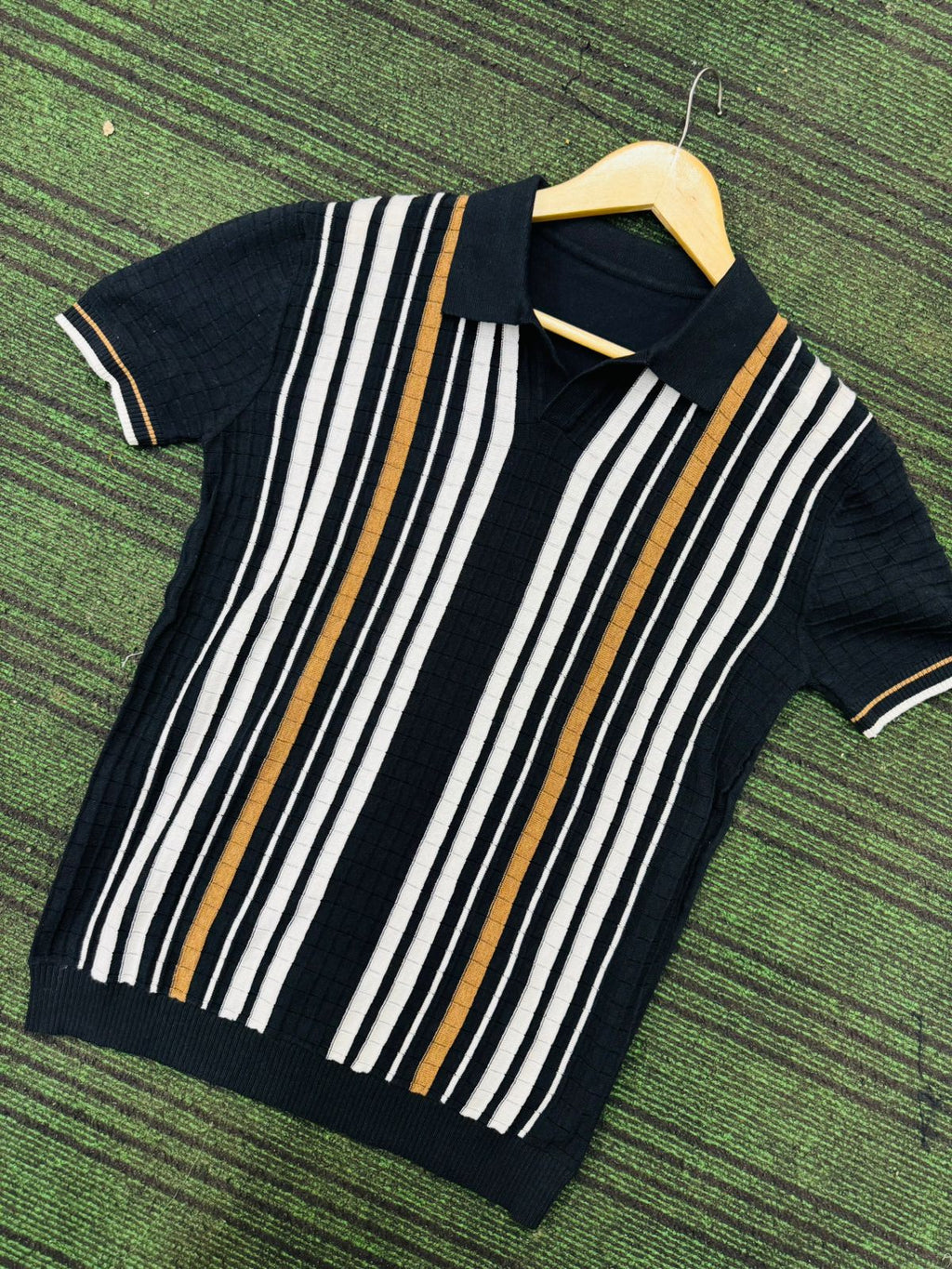 Unravel Stripped Vintage Knit Polo - Black