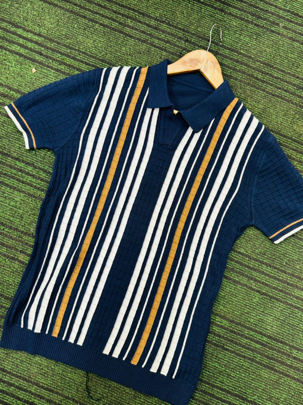 Unravel Stripped Vintage Knit Polo - Navy
