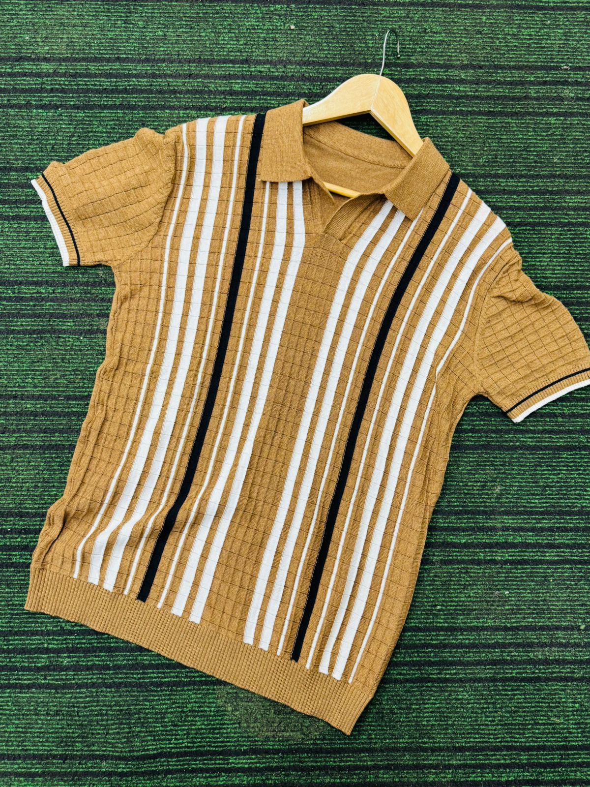 Unravel Stripped Vintage Knit Polo - Biscuit Brown